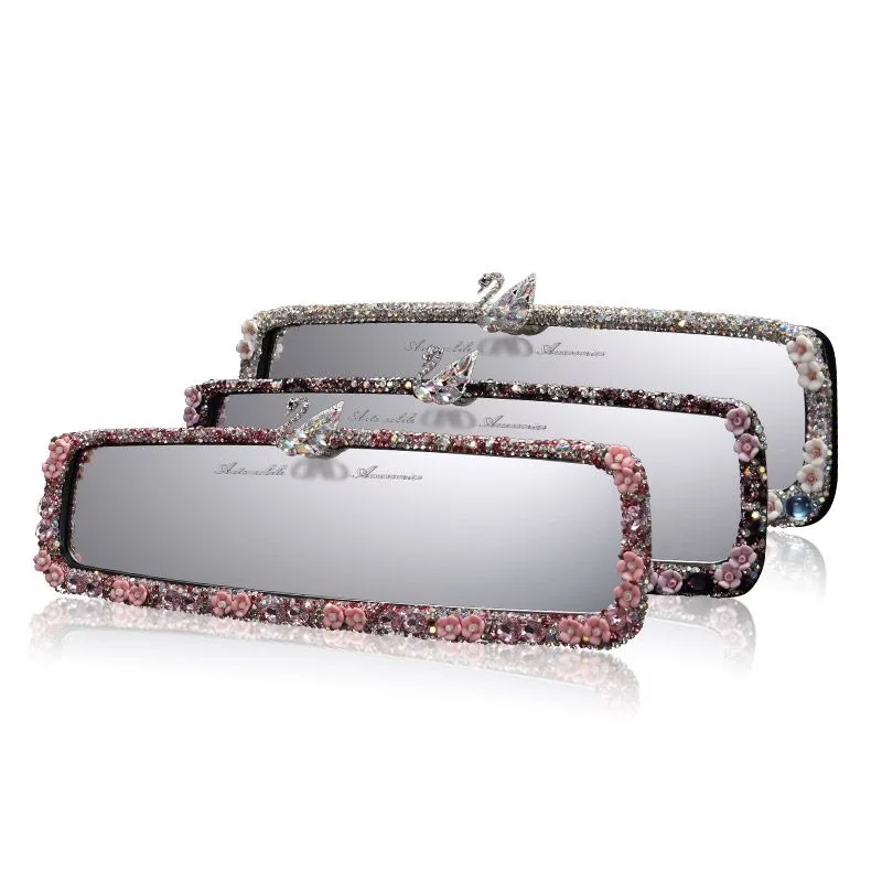 Automotive Interior Rearview Mirror Decorative Cover With White Swan Inlaid Diamond Brake Mirror Reverse Decoration Universal