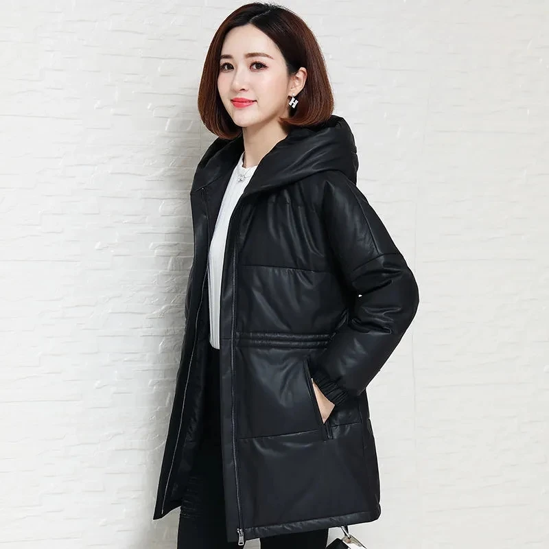 Black PU Leather Down Cotton Jacket For Women Mid-Length Hooded Thick Faux Leather Coat 2024 Autumn Winter New Windproof Outwear