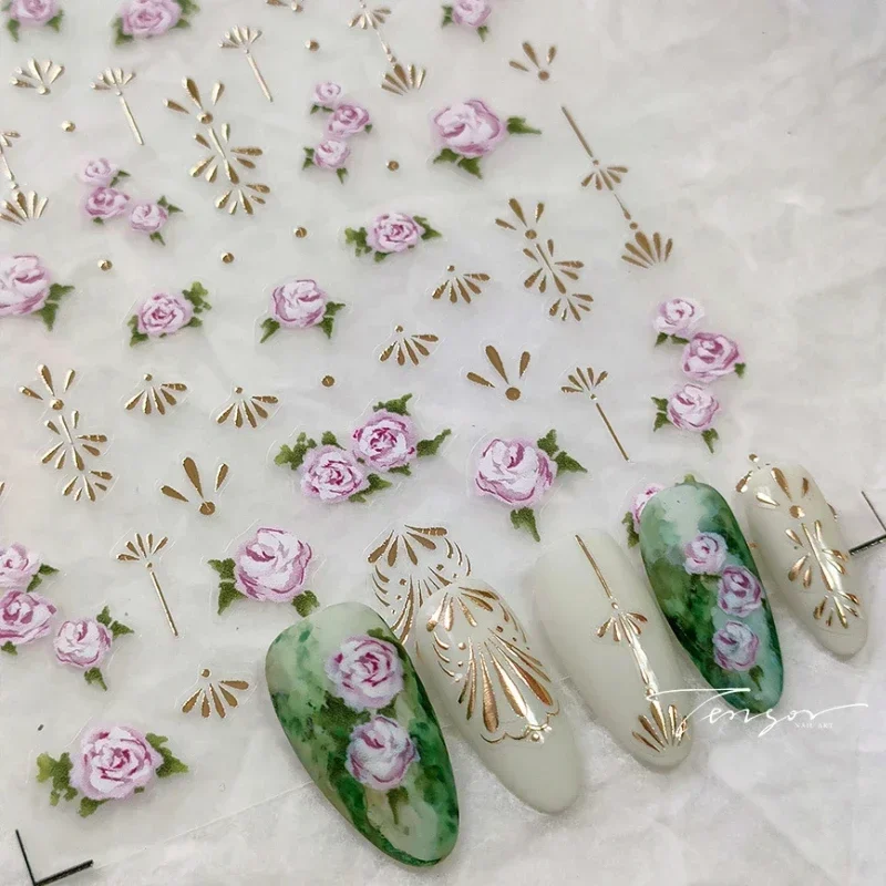 Delicate Rose Flowers and Plants Hot Stamping Gold Adhesive Nail Art Decorations Stickers Colored Blooming Flower Manicure Decal