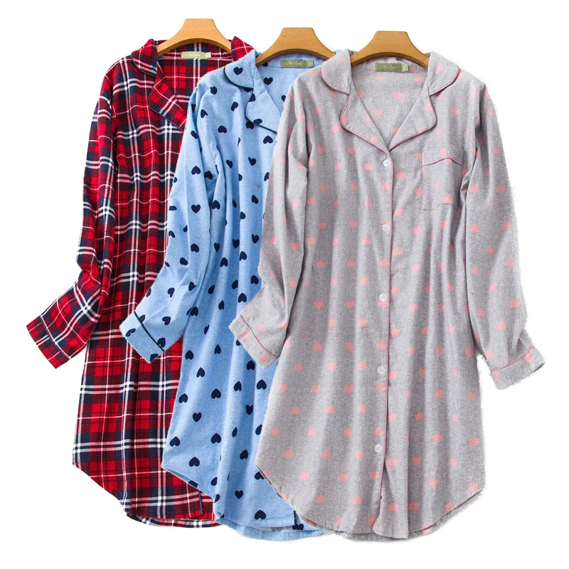 Plus size 100% Cotton Women\'s Flannel Boyfriend Nightshirt Nightgown Nightdress Pink Plaid Cat Sleepwear Sleepshirt Nightgowns