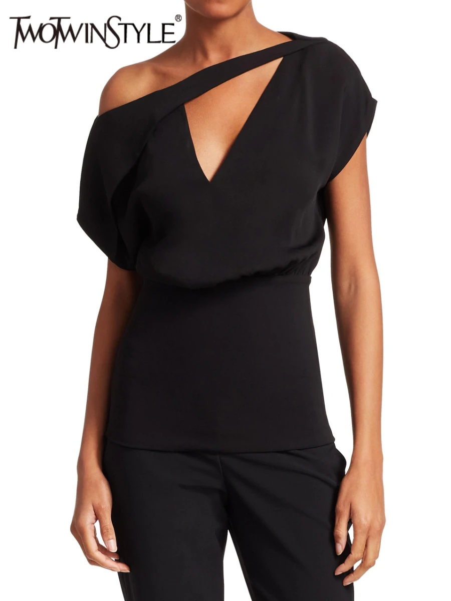 

TWOTWINSTYLE Solid Slimming Tunic Fashion T Shirts for Women Diagonal Neck Short Sleeve Patchwork Hollow Out Backless Top Female
