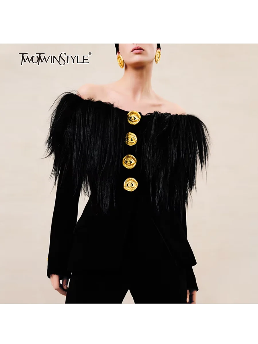 

TWOTWINSTYLE однотонные утягивающие куртки с металлическими пуговицами для женщин, лоскутная меховая куртка с вырезом на шее и длинными рукавами, женская мода