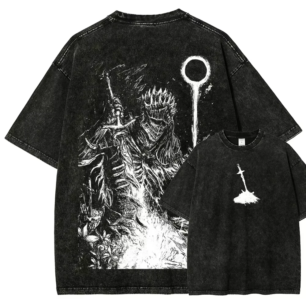 Dark Souls Gamer Graphic T-shirt Vintage Washed Game Merch Harajuku Unisex Oversized Crew Neck Cotton Short Sleeve Tee Tops Hot