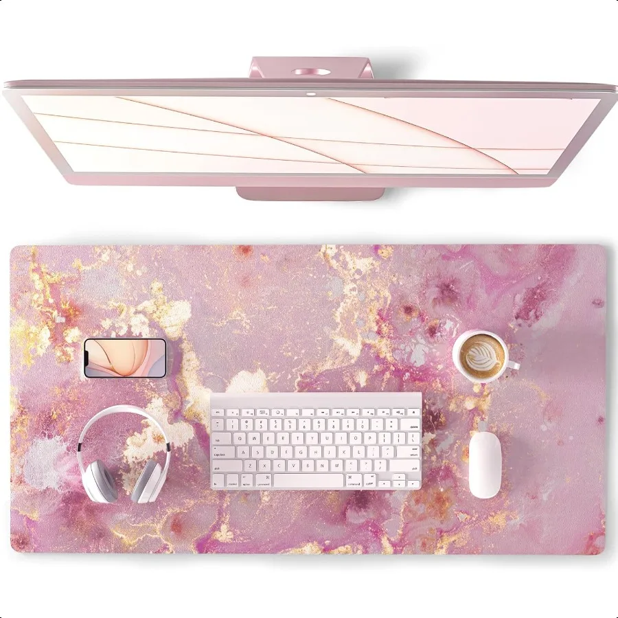 

Large Mouse Pad Cute Pink Desk Mat for Desktop Women Girls PU Leather Desk Pad Waterproof Gaming Mousepad Rose Gold Marble Comp
