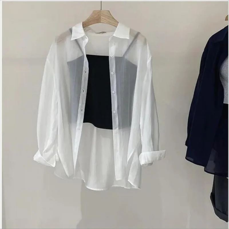 See Through Chiffon Blouses Women New Summer Long Sleeve Loose Sun Protection Shirts Woman Fashion Holiday Beach Shirts Female