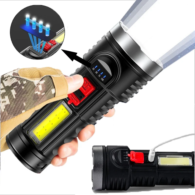 

Hight Power USB Rechargeable Flashlight 6 LED Lamps with COB Side Light Flashlight 4 Modes Waterproof Torch Outdoor Lighting