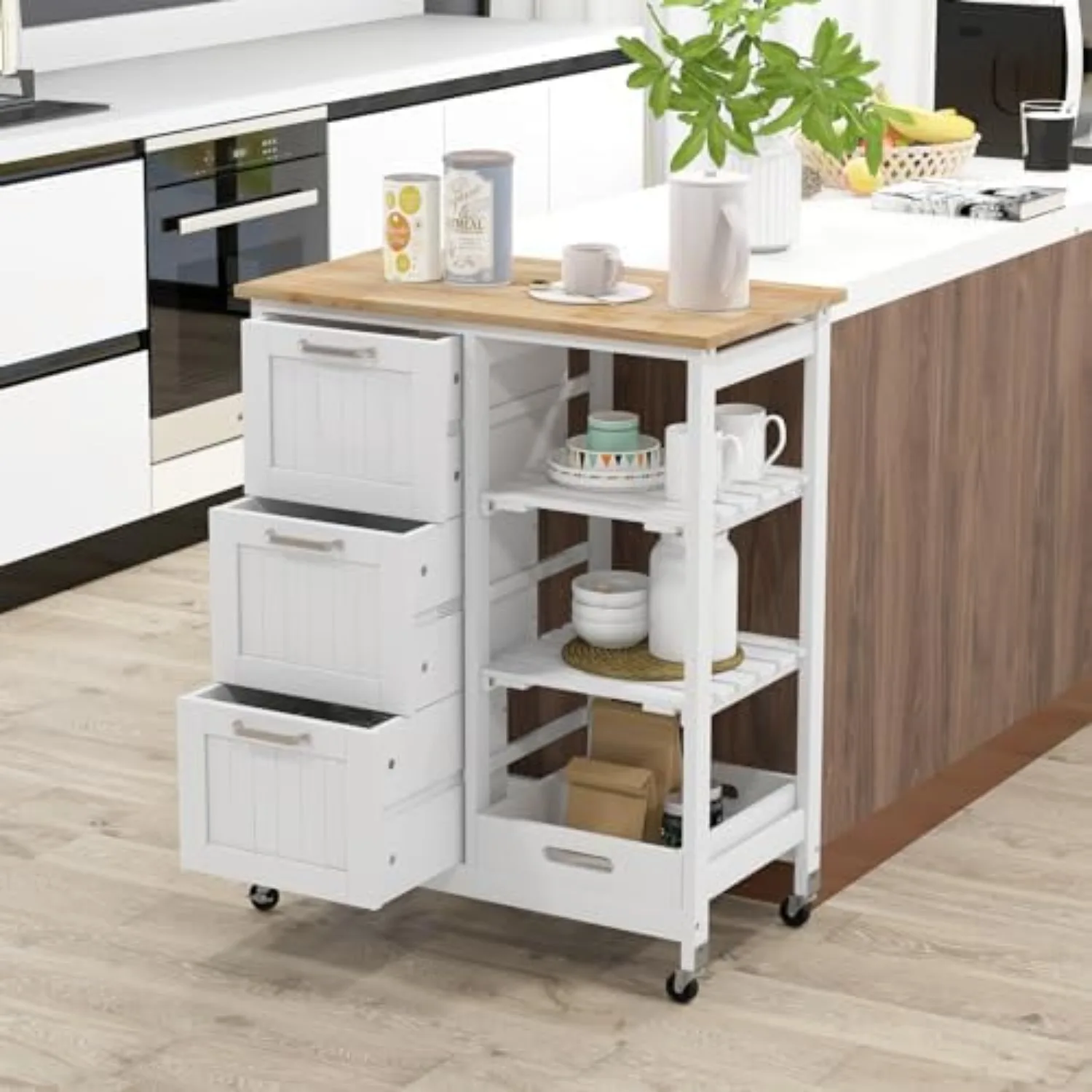 Kitchen Storage Island Cart on Wheels, Kitchen Rolling Trolley Cart with 3 Drawers and Shelves, 360° Wheels &