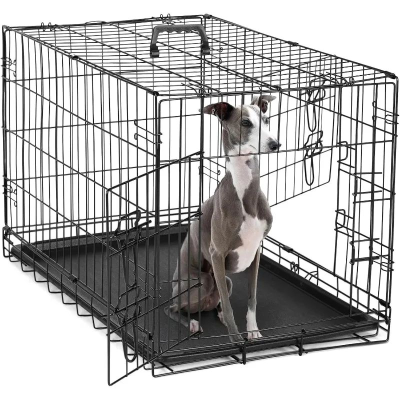 

Dog Crate, 36 Inch Medium Double Door Dog Crate with Dividers and Plastic Leak-Proof Tray, Folding Wire Pet Cage