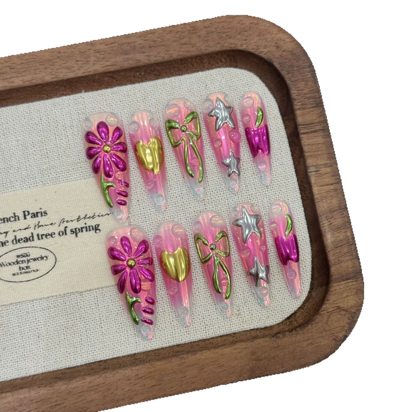 10 個プレスオン爪スパイシーガールマジックミラーパウダーアーモンド手作り付け爪 3D 花星装飾ロング付け爪ウェアラブル