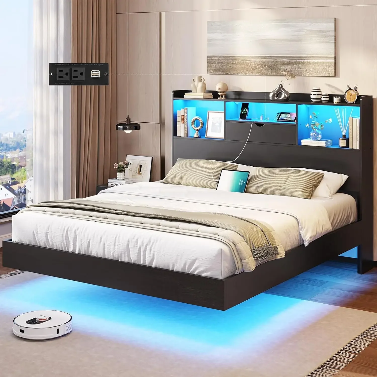 Full Floating Bed Frame with LED Lights and Storage Headboard, Visual Floating Bed with Charing Station, Full Size Metal