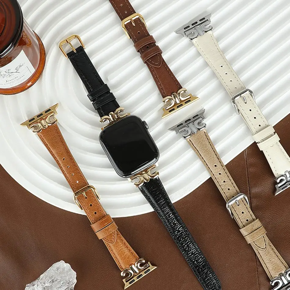 Luxury PU Leather Strap For Apple Watch Series 9 8 7 6 5 SE 4 3 38/40/41/42/44/45mm Metal C Buckle Band For iWatch UItra 2 49mm