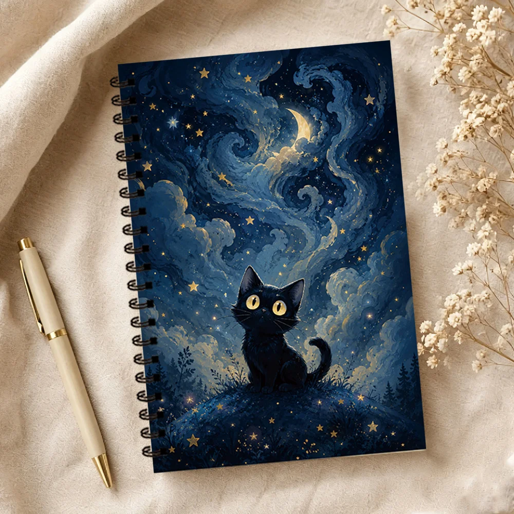 Starry Sky Black Cat  Notebook 1pc, Blank Lined Pages, Ideal Gift for Note-Taking, Inspiring for Everyone, Perfect for Students