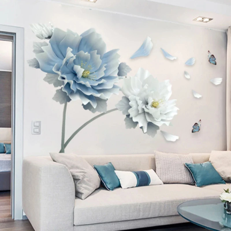 1Pcs Environmentally Friendly Large White Blue Flower Lotus Butterfly Removable Wall Stickers 3D Art Decals