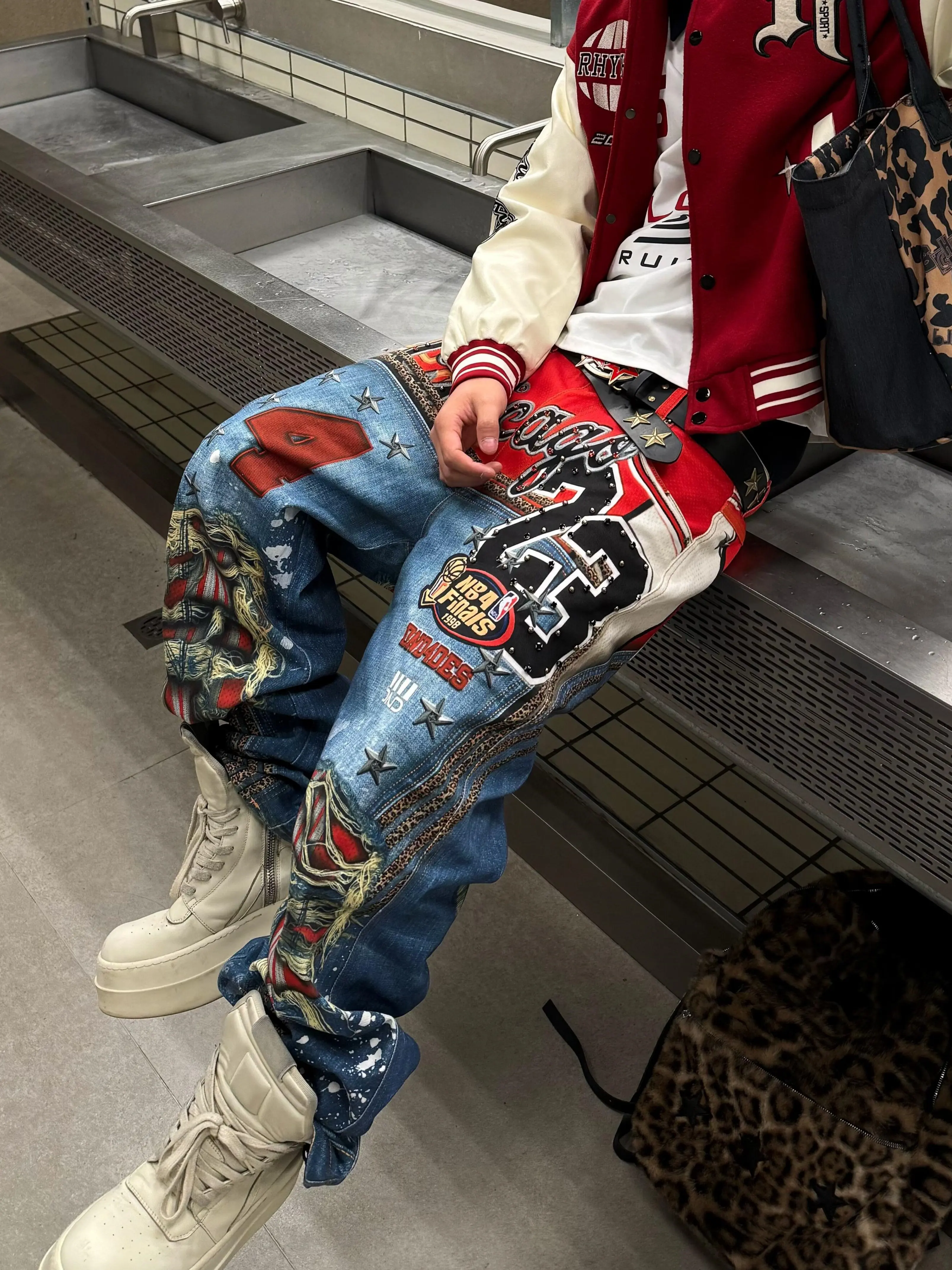 Retro American Street Washed Printed Hole Leopard Print Men's Jeans Casual Loose Straight Leg Long Trousers High Waist Denim