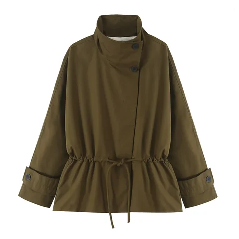 2026 New Women Stand Collar Short Parka Jacket Loose Drawstring Waist Casual Oversized Windproof Outerwear Fall Trench Coat