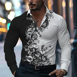 Men's Business Casual Shirt Spring/Summer Polo Neck Button Long Sleeve Black Pattern Printed Top Street Comfortable Fabric