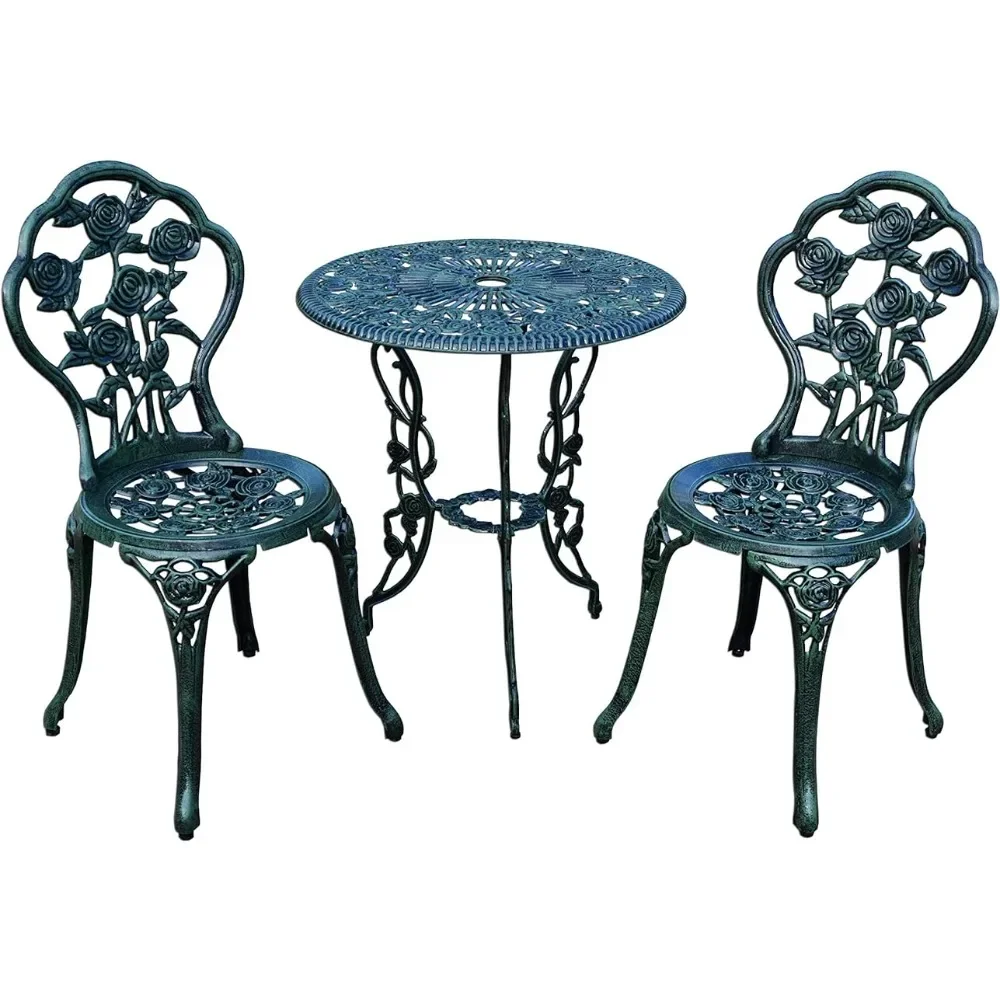 

Cast Aluminum Conversation Set Metal Antique Green 3 Piece Patio Rose Bistro Set