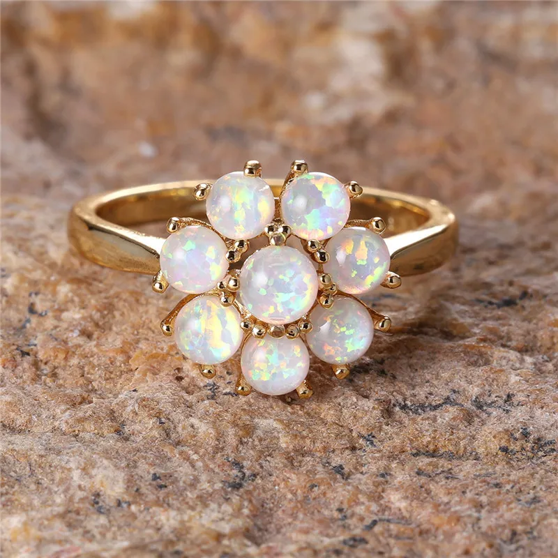 Cute Female White Fire Opal Stone Engagement Ring Vintage Gold Color Summer Wedding Jewelry For Women