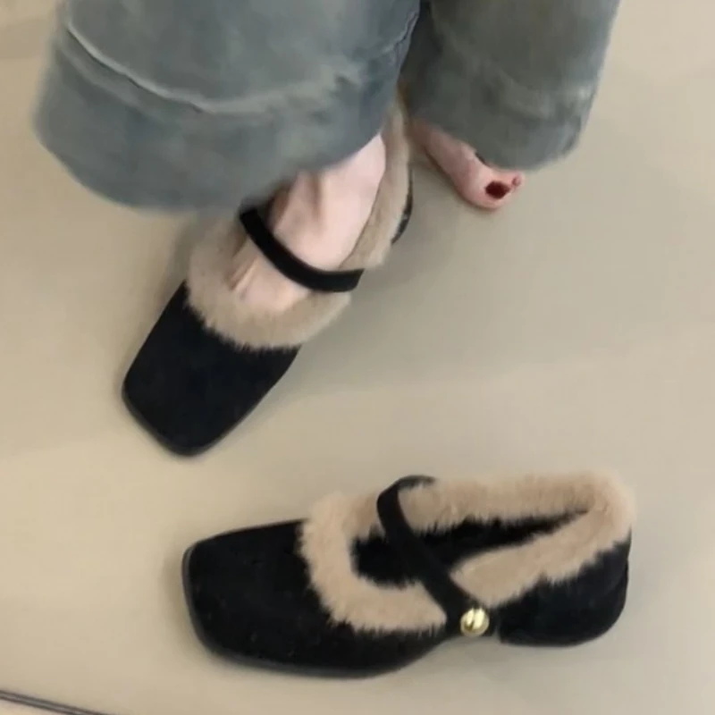 خمر منصة سميكة وحيد المرأة الفراء بطانة ماري جين أحذية موضة الانزلاق على أحذية السيدات فستان كعب سميك أحذية قطنية دافئة