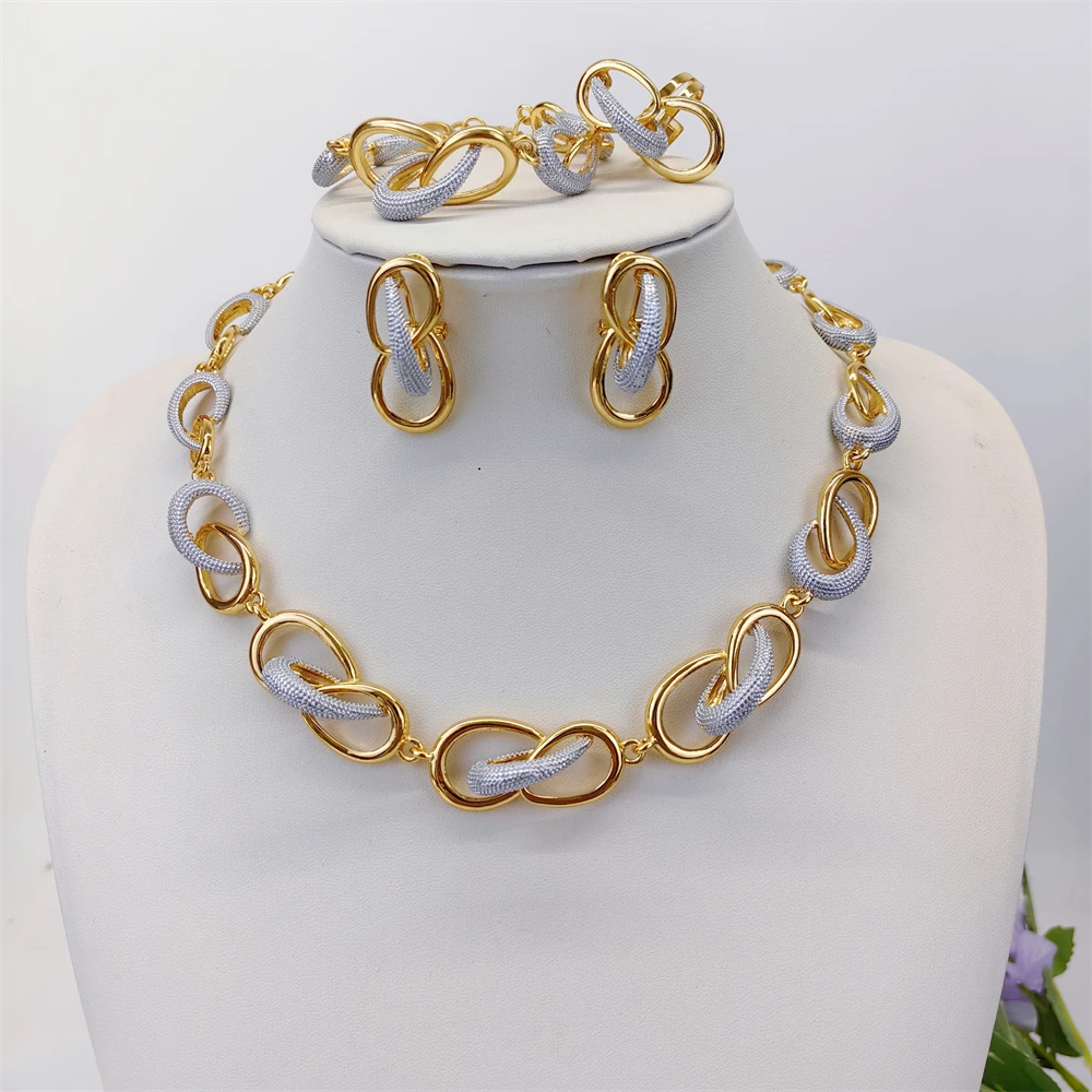 ESALE Italian Hollow Out Design Jewelry Set Two Tone Neck Necklace Bracelet Chic Stud Earring Ring For Bridal Wedding Gift 2026