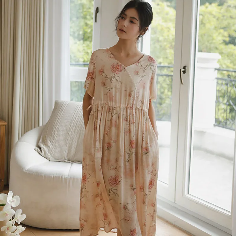Women Summer Short Sleeves Cotton Printing Nightdress Rayon Satin V-Neck Mid-Calf Nightgowns Loose Design Sleepwear Nightie New