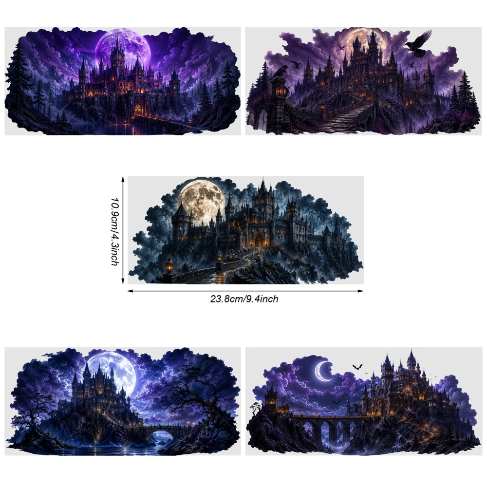 5 Sheets Mystical Castle Moonlight UV DTF Stickers DIY Water Bottle Glass UV DTF Transfer Stickers for Glass Cups Waterproof