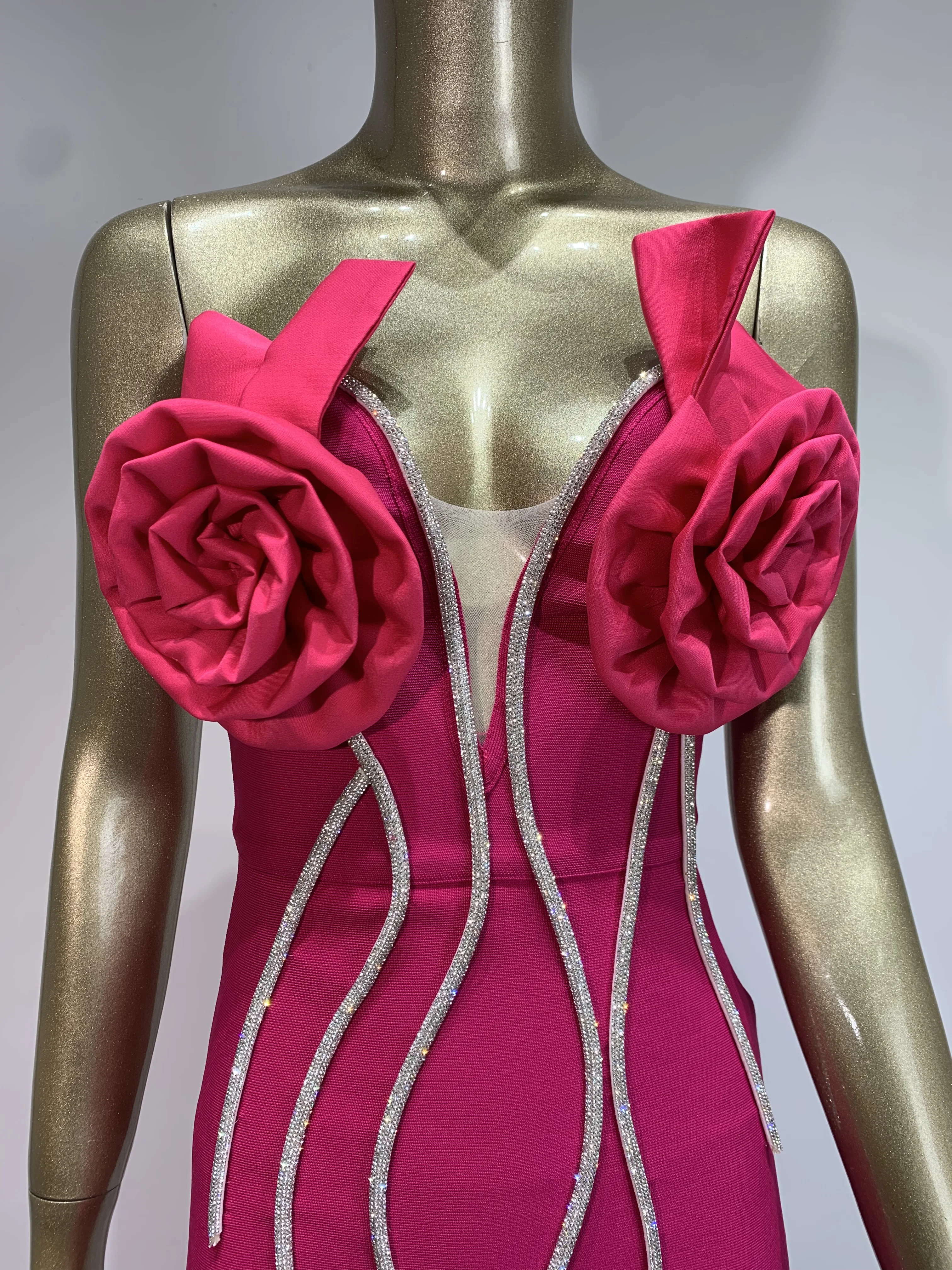 Neue Designer Bandage Party Kleid Frauen Rose Farbe träger lose Blumen Bustier Diamanten Streifen lange Meerjungfrau Kleider für Berühmtheit