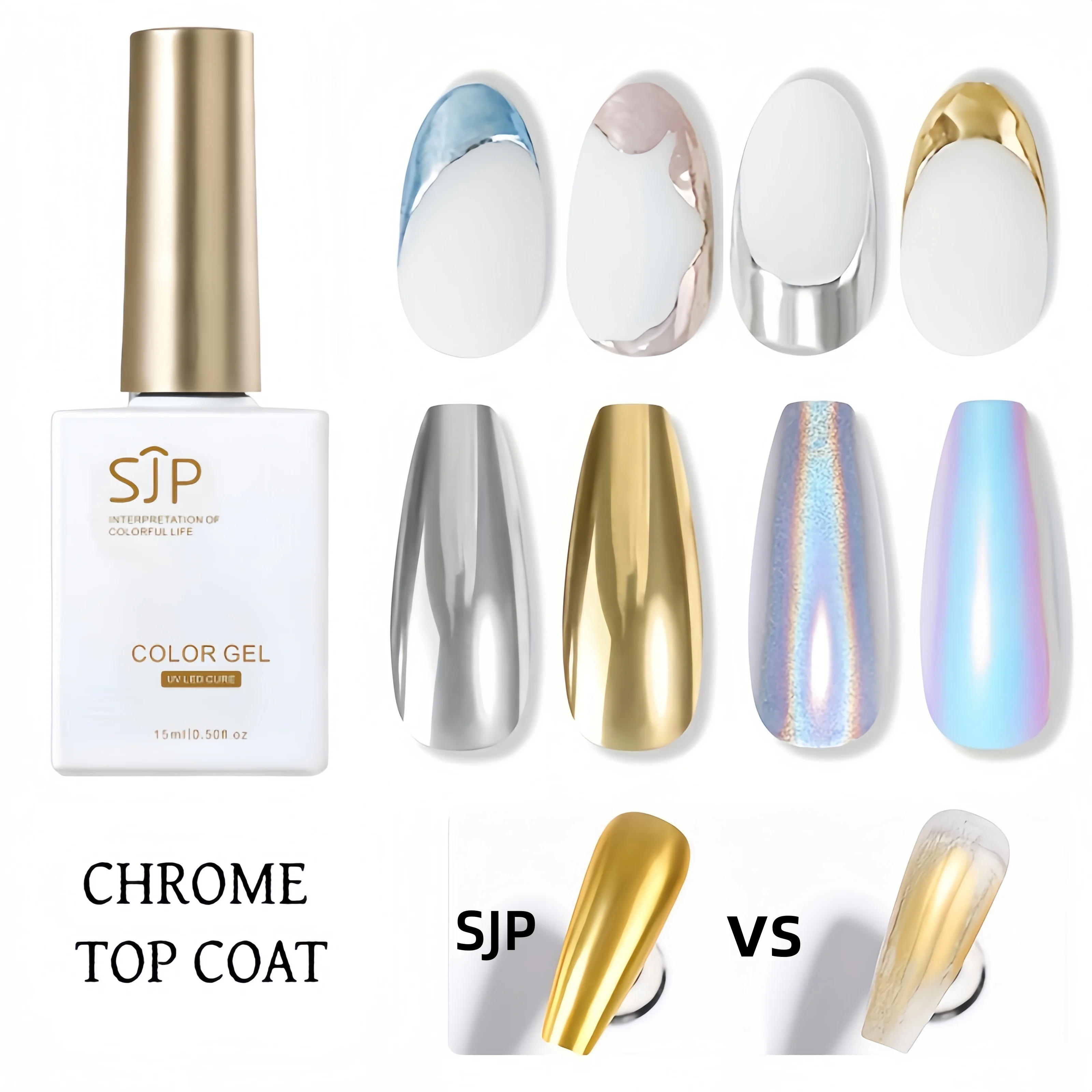 15ML Chrome Top Coat Gel, LED Curing Super Bright Mirror Finish, DIY Nail Polish Long Lasting Alcohol-Free Formula, Professional