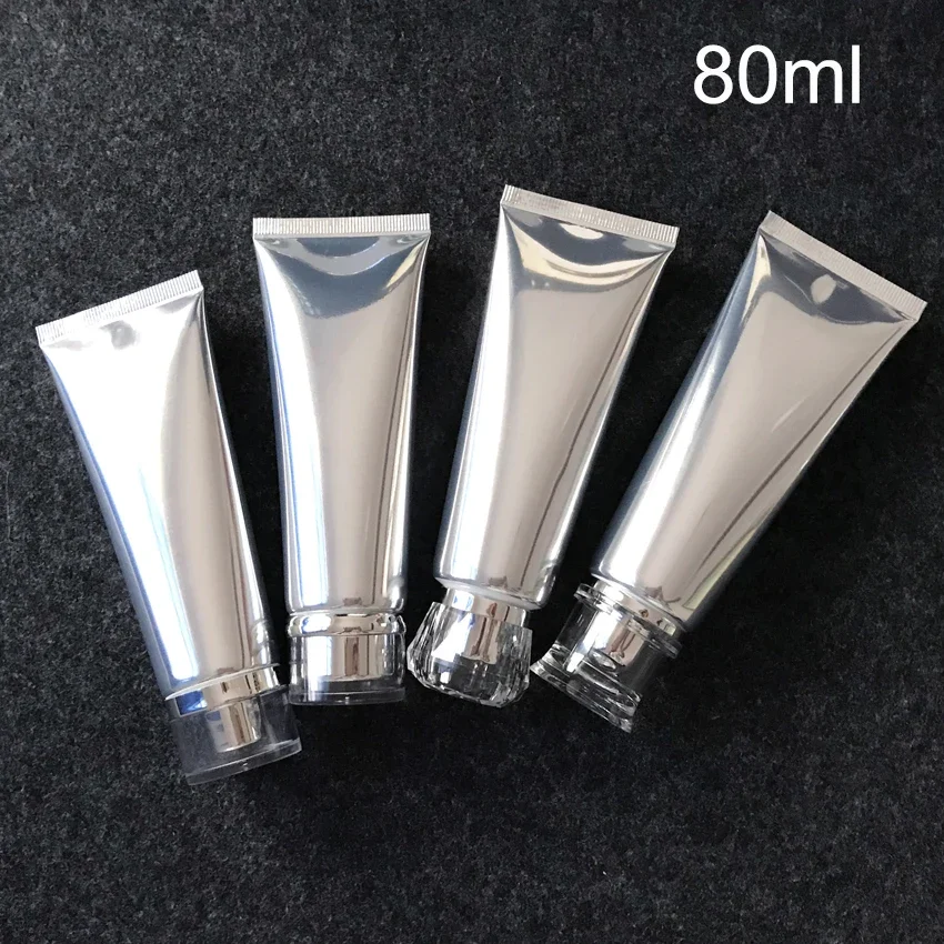 

80g Aluminum Plastic Squeeze Bottle 80ml Empty Soft Tube Cosmetic Cream Facial Cleanser Lotion Refillable Container Silver