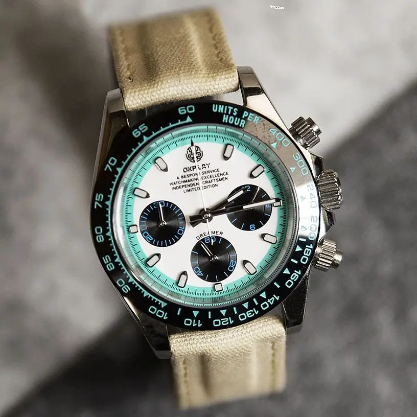 OKPLAY Men Chronograph Watch Pilot 39.5mm Quartz Wristwatch Sapphire Mirror Luminous 100M Waterproof VK63