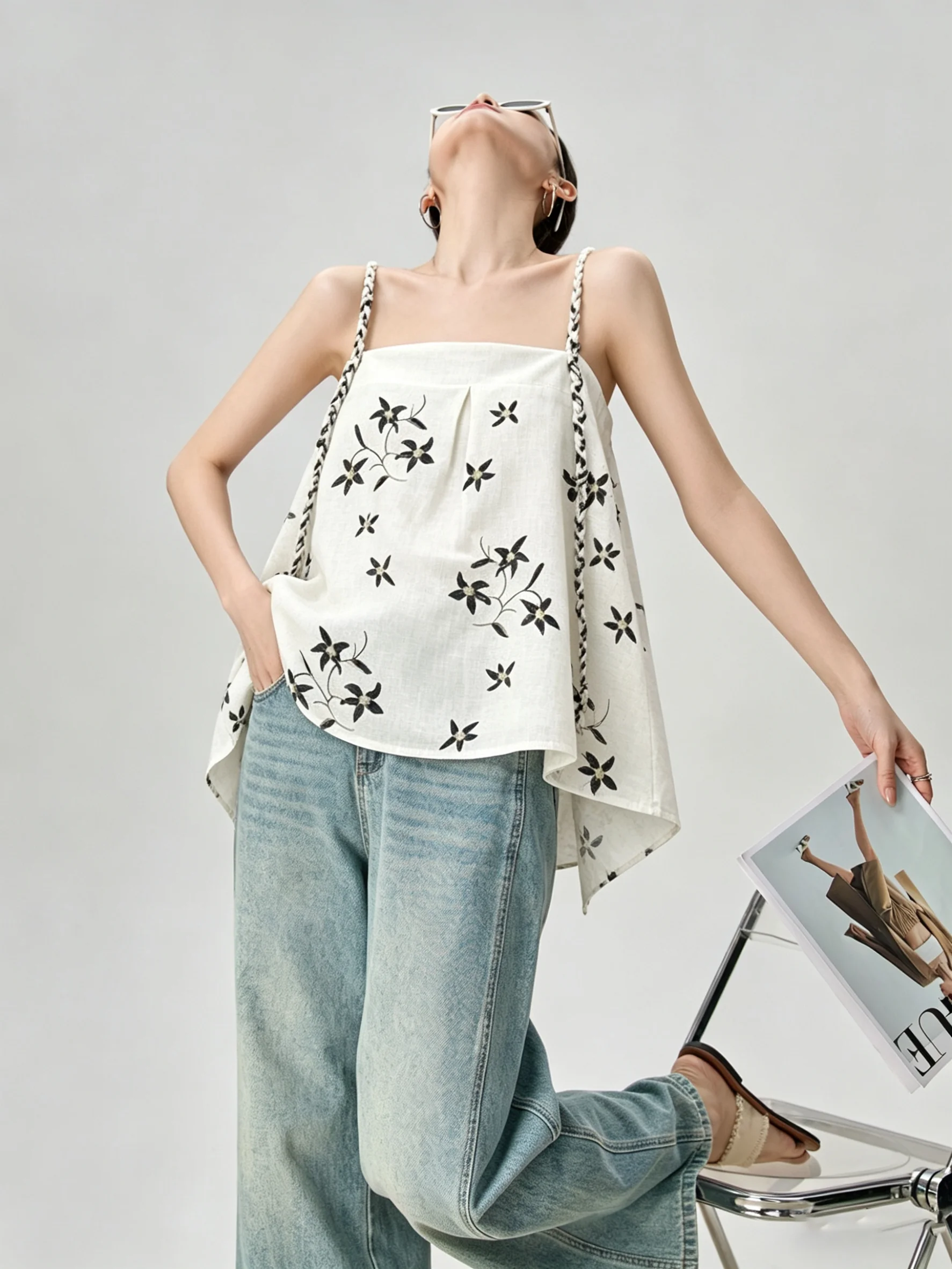 

Summer Outerwear Women's Sleeveless Backless Embroidered Strap Vest Black White Contrast Floral Pattern Commute Style Loose Fit