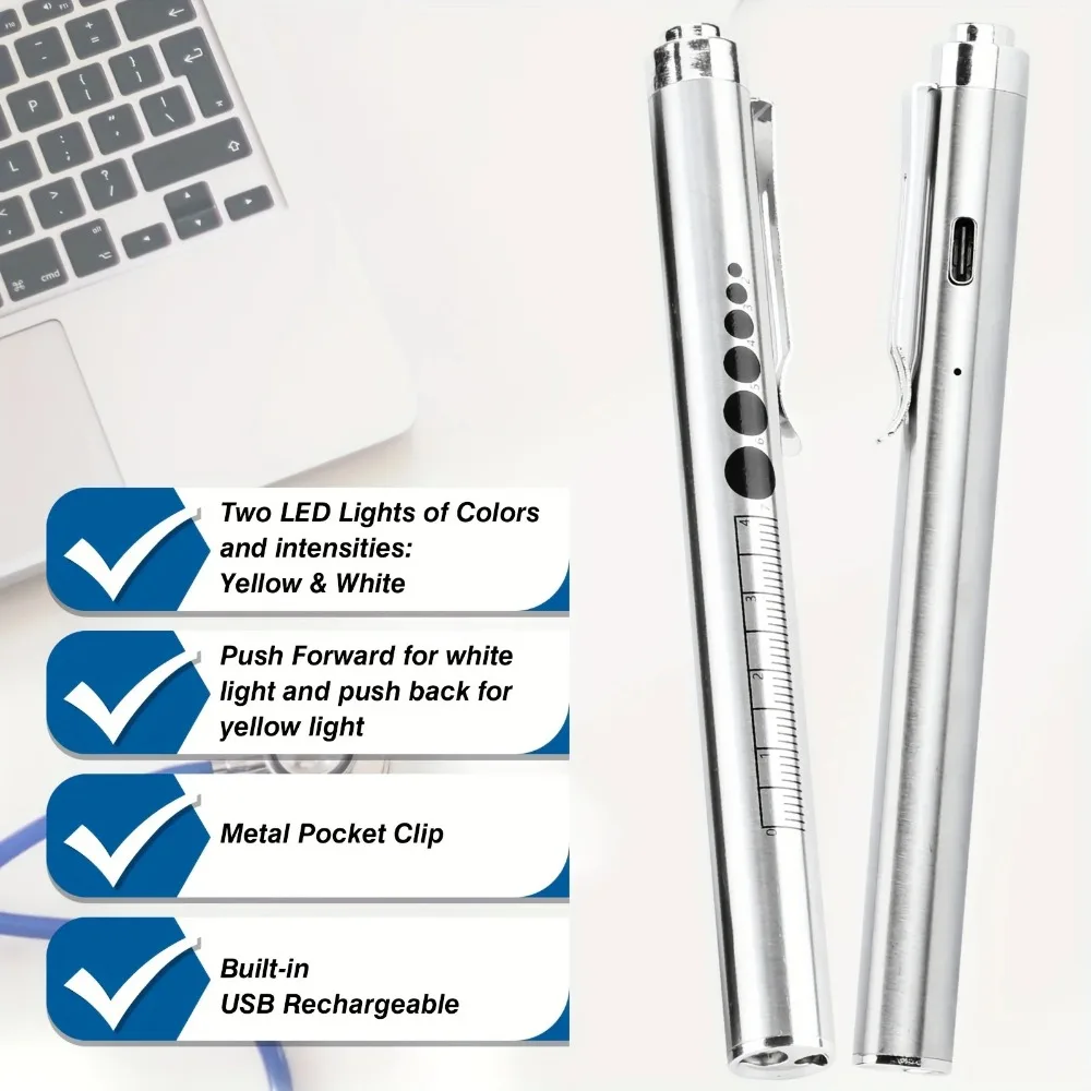 USB Rechargeable Portable Medical Penlight Emergency Flashlight Rechargeable 2 in 1 Pocket LED Pen Lights with Pupil Gauge