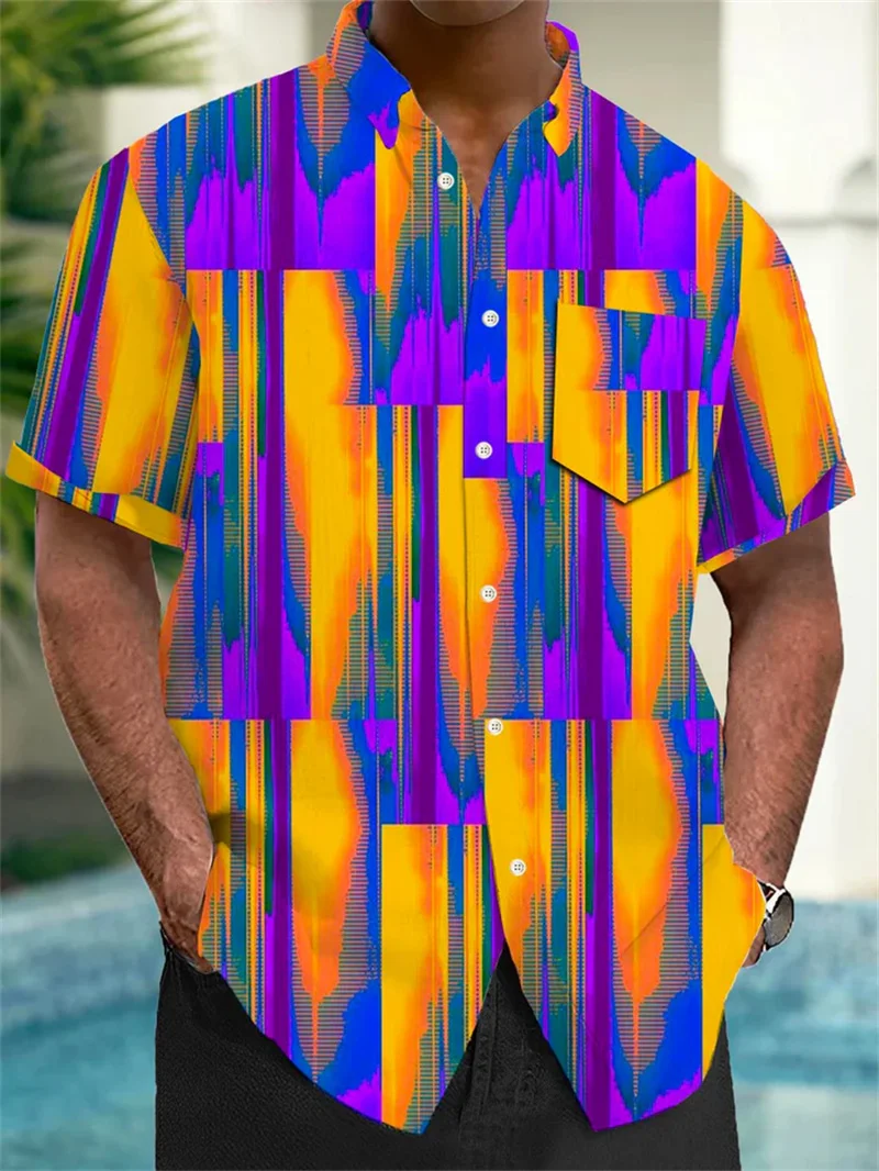 2025 men's shirt lapel top fashionable men's Hawaiian shirt short sleeved street wear 3D printed striped patch