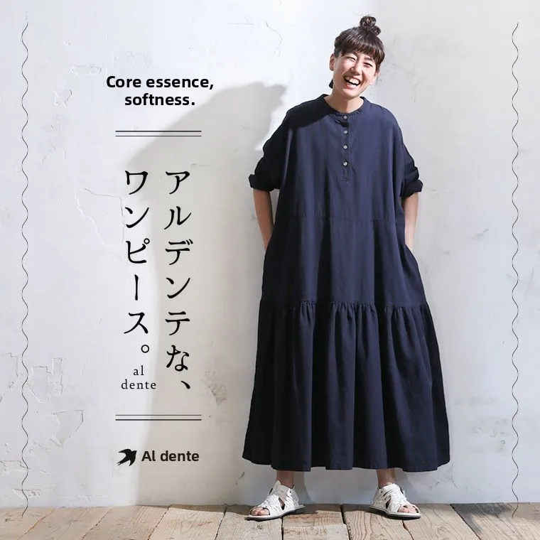 

High Waist round Neck Cotton Linen Blend Casual Dress Summer 2026 Japanese Style Women's Loose Fit A-Line Dress