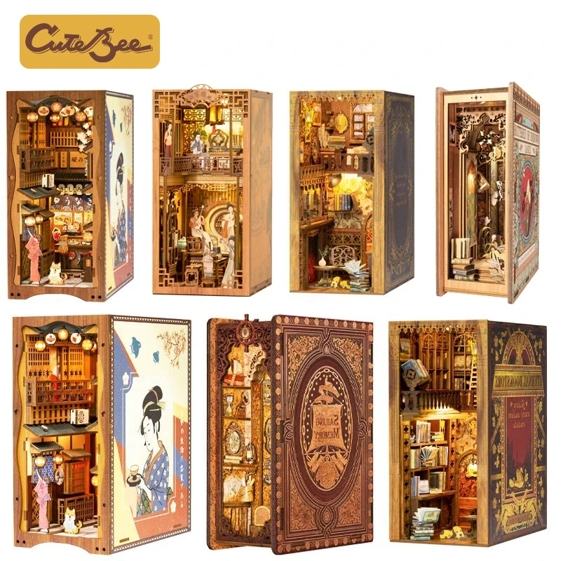 CUTEBEE DIY Miniature House Book Nook Kit Dollhouse with Touch Light Eternal Bookstore Bookshelf Kits Model Toy for Adult Gifts