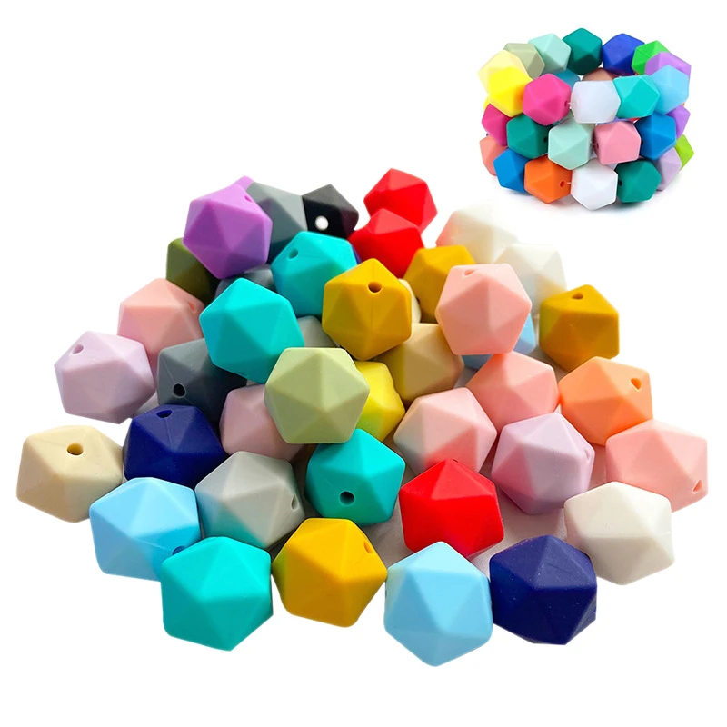 50PCS 14mm/17mm Mini Hexagon Silicone Beads Chewable Beads Baby Teether Teething Necklace Pacifier Clip