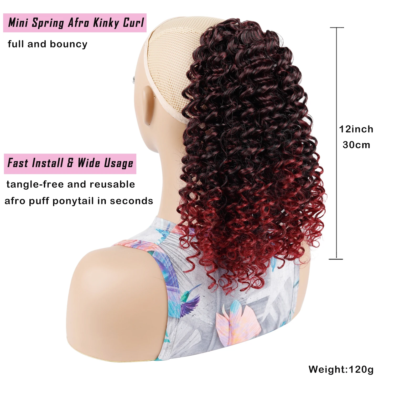 Short Mini Spring Curl Drawstring Ponytail Synthetic Afro Kinky Curly Hair Puff Double Combs Multi Color Gradient Hair Piece