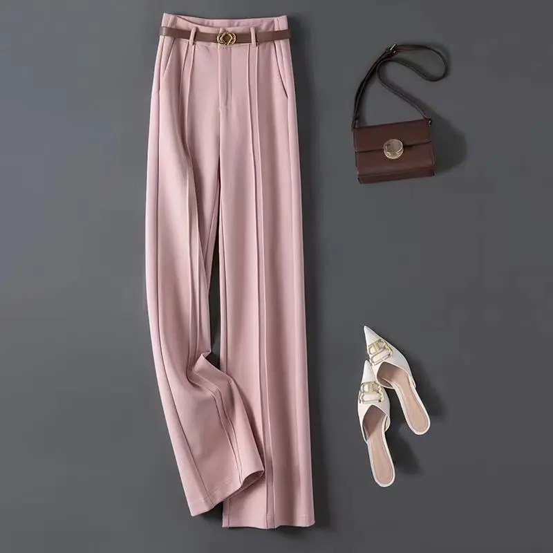 

Spring and Autumn Women's Solid Colors High Waist Loose Folds Chic Wide Leg Pants Belt Commuter Fashion Korean Trousers