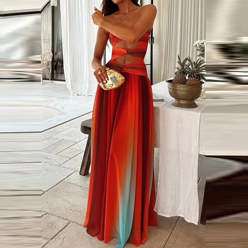 Robe de soirée longue en mousseline de soie pour femmes, dégradé de mode, asymétrique épaule dénudée, taille haute, ajourée, nouvelle collection