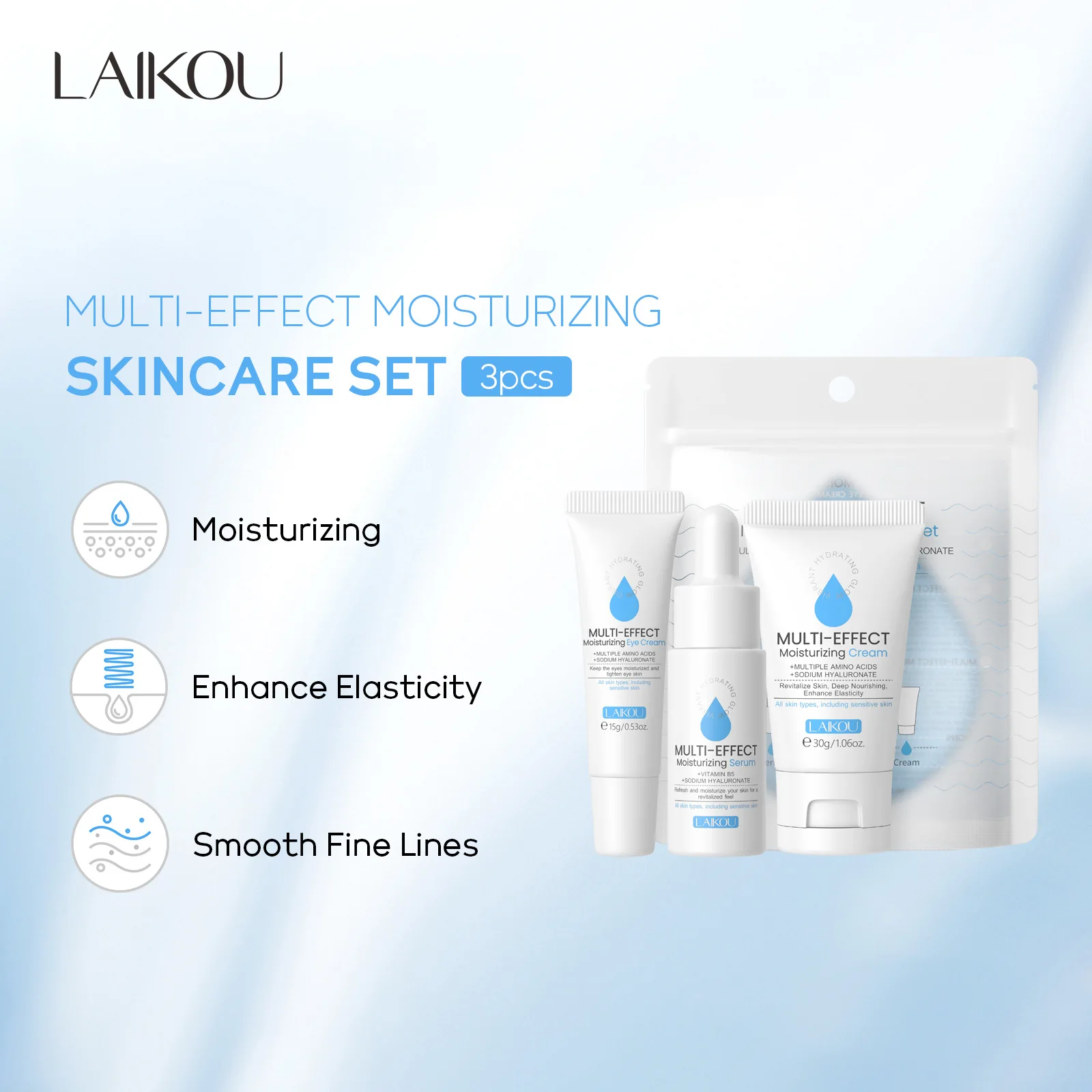 LAIKOU 3pcs/Set Hyaluronic Acid Skin Care Sets Face Cream Facial Serum Hydrating Eye Cream Moisturizing Essence Face Care Kit