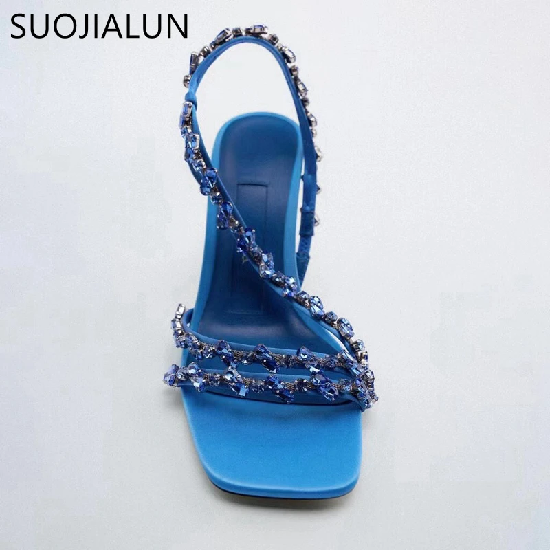 SUOJIALUN Summer New Brand Women Sandal Fashion Bling Crystal Narrow Band Ladies Elegant Gladiator Shoes Thin High Heel Pumps