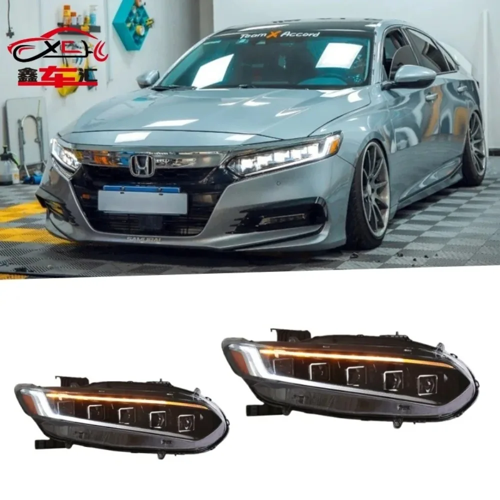 

For 2018-2023 Honda Accord headlight assembly 10th retrofit with projector lenses, LED headlights, and daytime running lights.