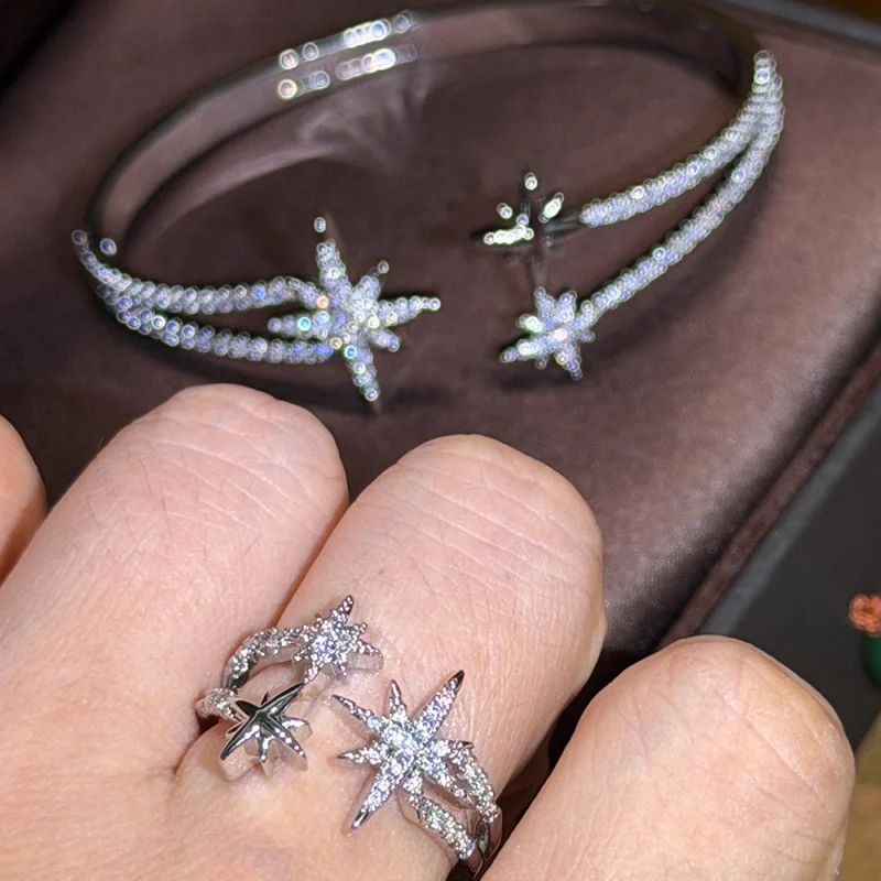 Dual Star Silver Plated Jewelry Set Micro Pave Zircon Open Bracelet Split Ring Gift Set For Ladies