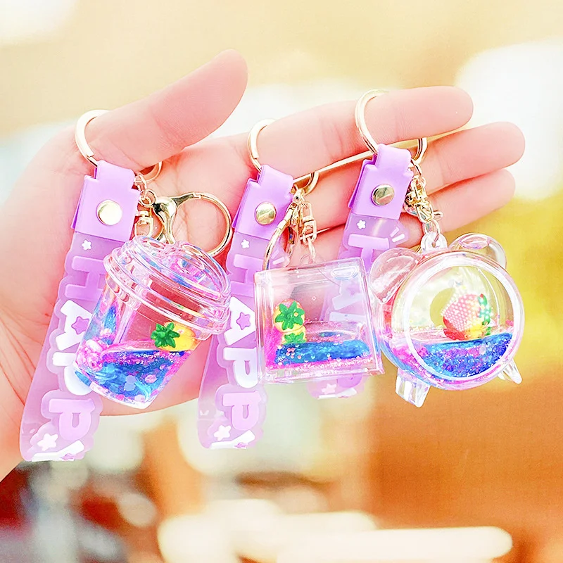 Cartoon Cute Quicksand Soda Bottle Keychain Floating Strawberry Keyring Bag Pendant Sequins Liquid Key Chain