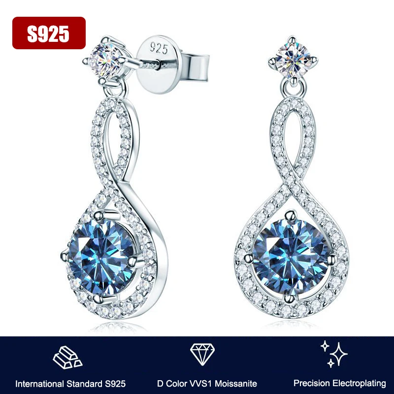 

Real Silver 925 1ct Blue Moissanite Drop Stud Earrings for Women Infinity Earrings 18K Gold Plated Wedding Jewelry