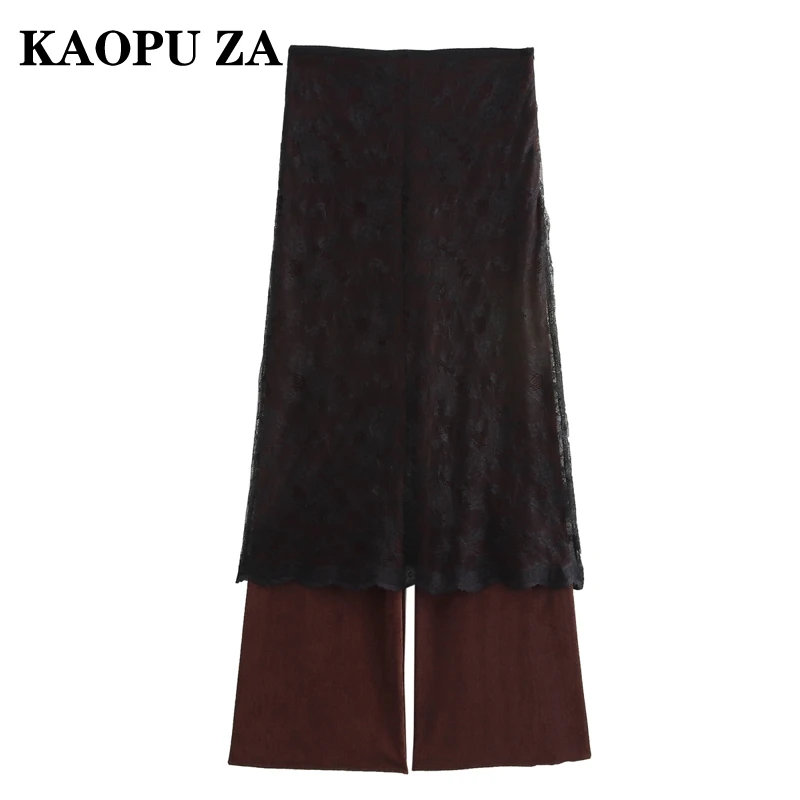 KAOPU ZA 2024 Autumn New Female Classic Side Zipper High Waist Long Pants Party Lady Solid Color Hollow Out Regular Fit Ruffles