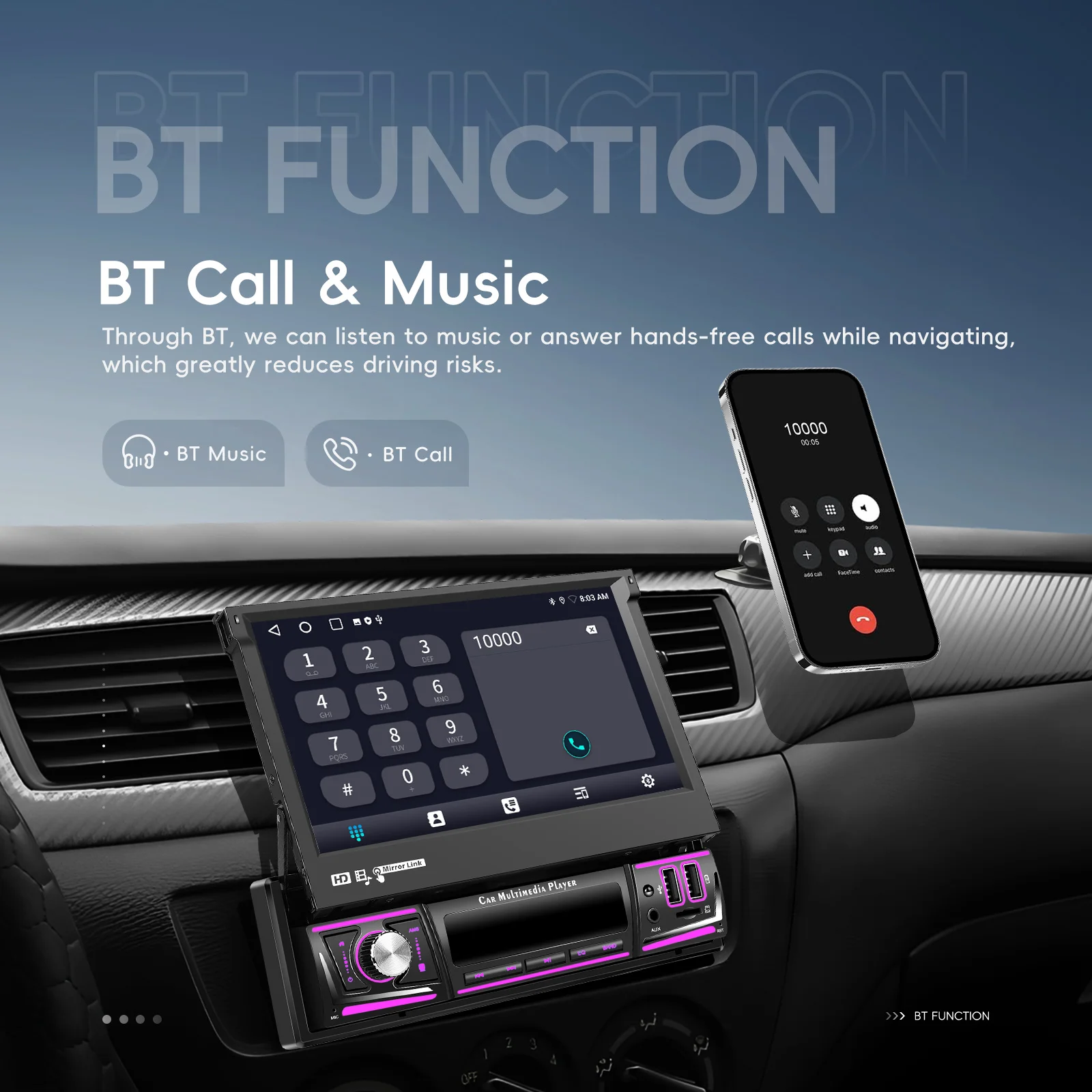 Podofo 2+64G Intelligentes Autosystem 1 Din Kabelloses Carplay Android Auto 7'' Auto-Multimediaplayer mit WLAN GPS Rückfahrkamera-Unterstützung – Detail 14