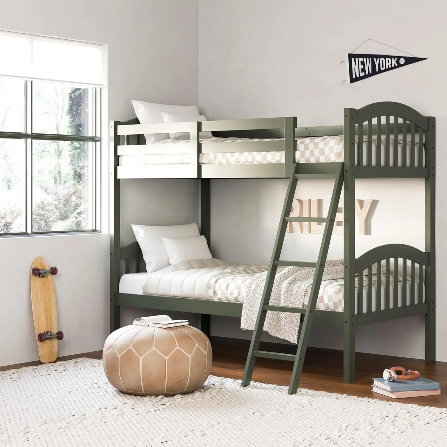 Twin-Over-Twin Bunk Bed (Olive) - GREENGUARD Gold Certified, Converts to 2 Individual Twin beds