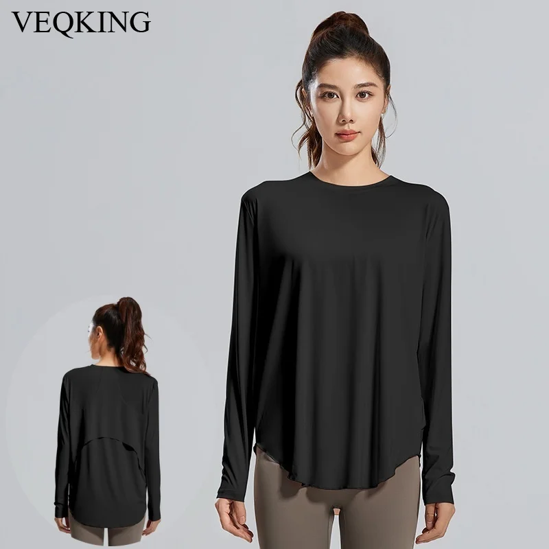 VEQKING Round Neck Long Sleeve Yoga Shirt Women's Long Sleeve Running Sweatshirt Quick Dry Fitness Workout Tops Loose Breathable