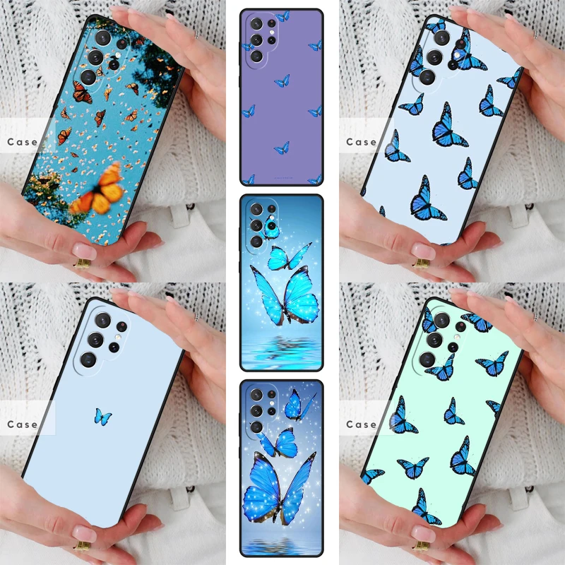 Luxury Blue Butterfly Butterflies TPU Phone Case for Samsung Galaxy S26 S25 S24 S23 S22 S21 S20 Note10 Plus FE Ultra Cover